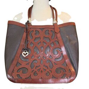 Brighton Genevieve Laser Cut Leather Tote Purse two tone brown shoulder